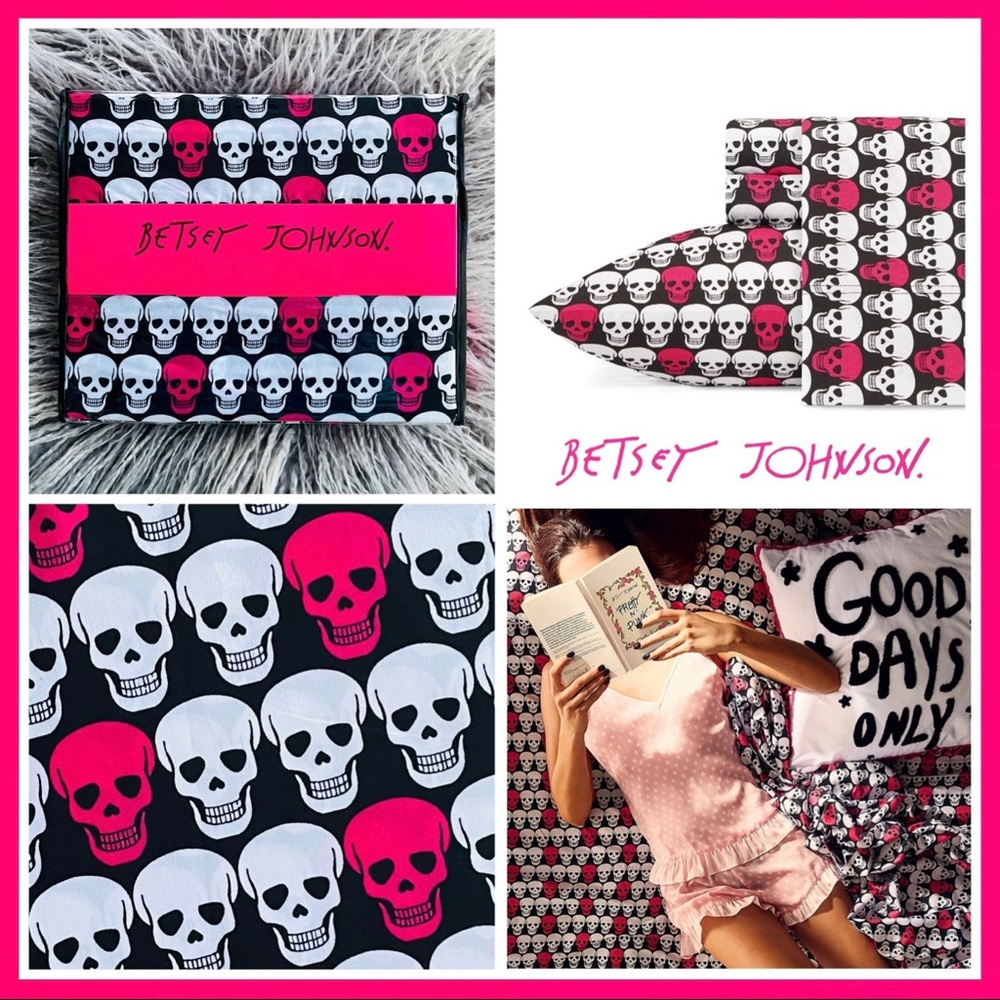 Betsey Johnson Pink & White Skulls Queen Sheet Set